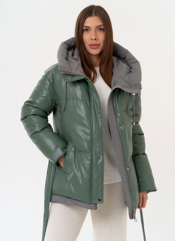 Женский пуховик из эко кожи с поясом
