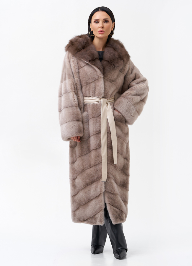 Длинная шуба из норки с капюшоном модель № 28128 универмаг малина