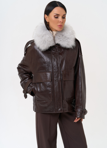 Короткий пуховик из натуральной кожи