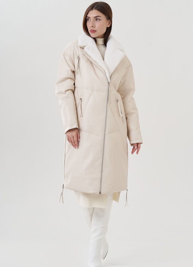 Пуховик женский из эко кожи с английским воротником в светлом цвете модель № 25467 универмаг малина