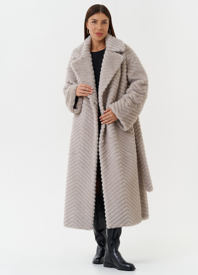 Женское пальто из эко меха с поясом модель № 28452 универмаг малина