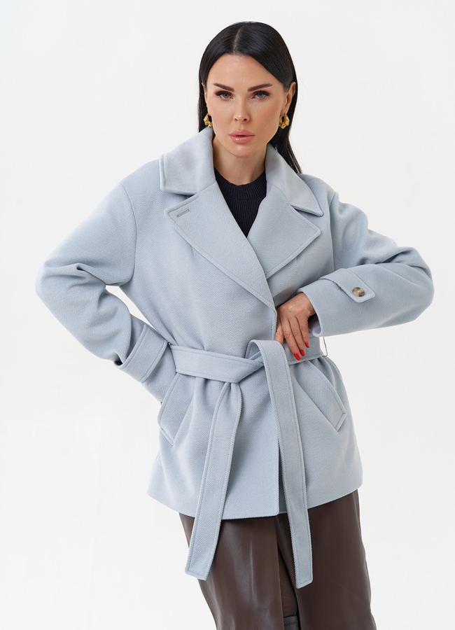 Укороченное пальто с поясом модель № 29890 меха малина