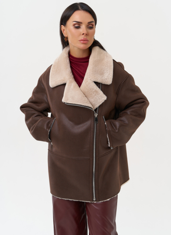 Женская дубленка из эко замши с воротником