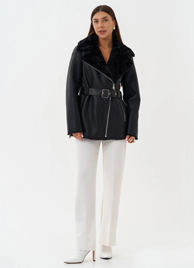 Эко дубленка с английским воротником модель № 27758 меха малина