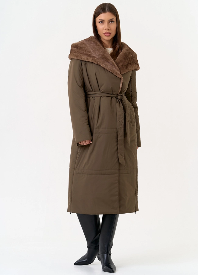 Женское пальто с капюшоном из эко меха под норку модель № 31606 меха малина