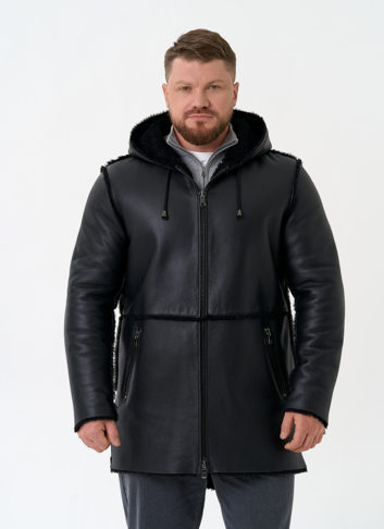 Мужская натуральная дубленка с капюшоном