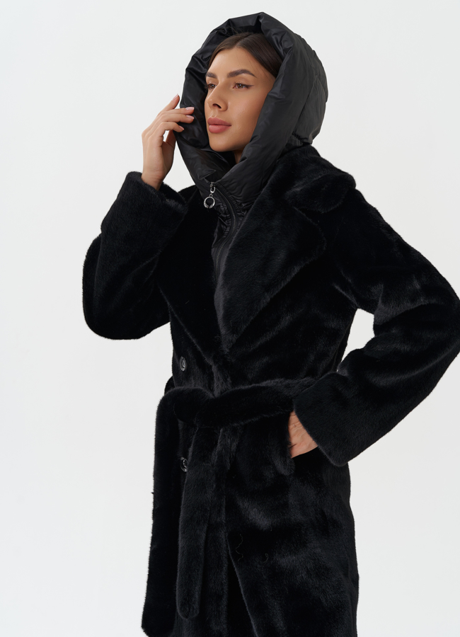 Женское пальто из экомеха с капюшоном модель № 28641 универмаг малина