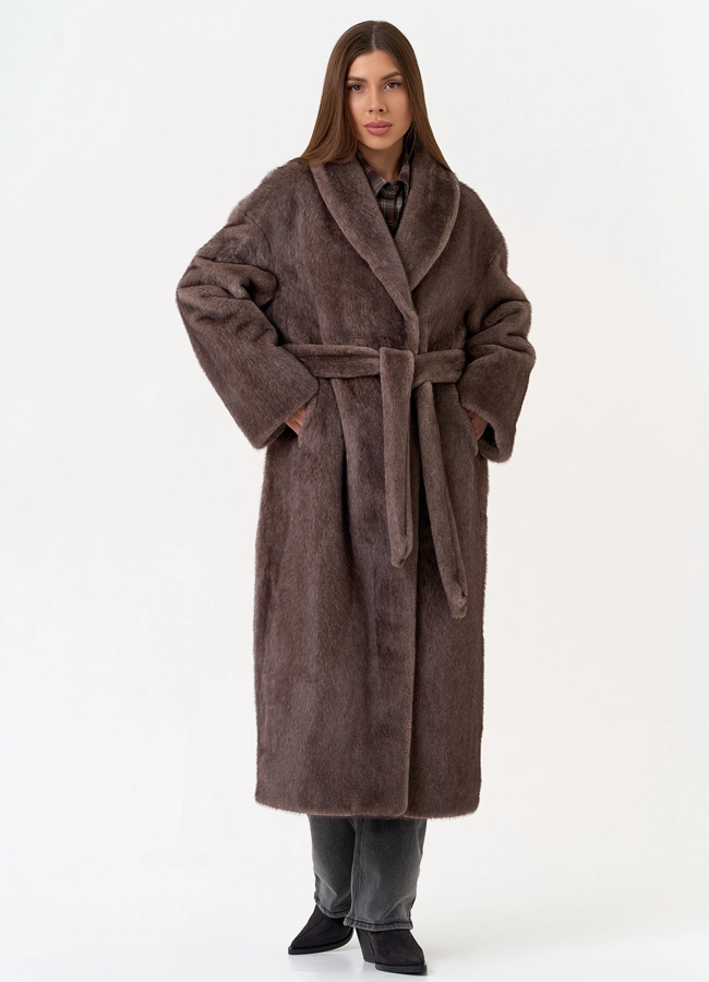 Женская шуба из эко меха с воротником шаль модель № 31502 меха малина