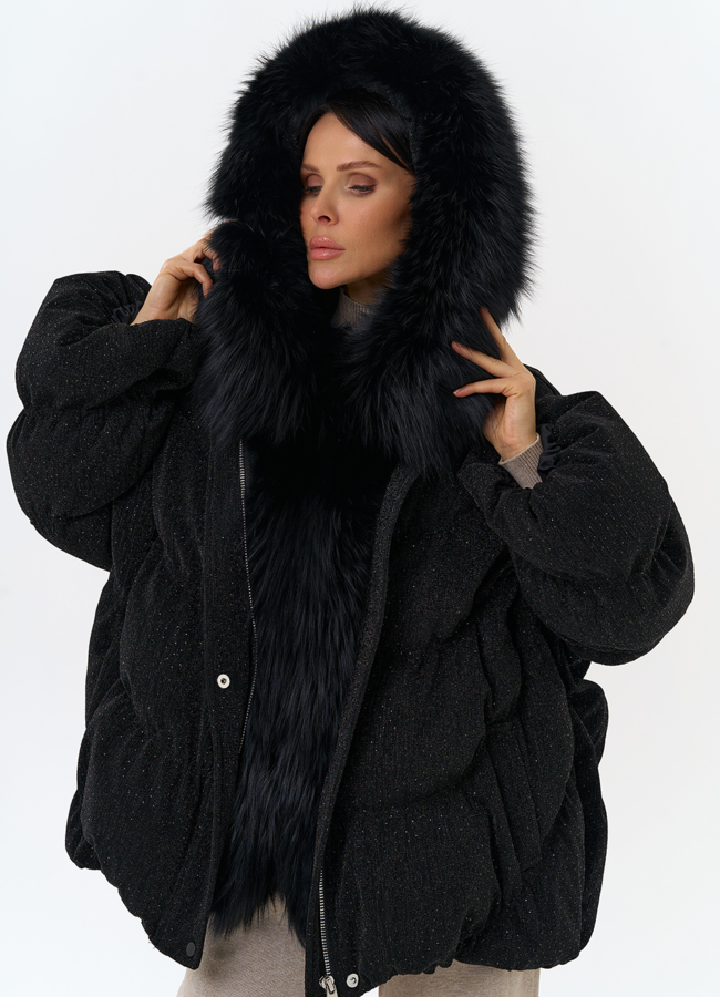 Женский блестящий пуховик с отделкой из меха чернобурки модель № 31816 меха малина