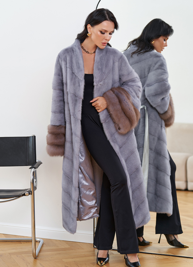 Женская шуба из меха норки с отделкой из меха куницы модель № 30678 универмаг малина