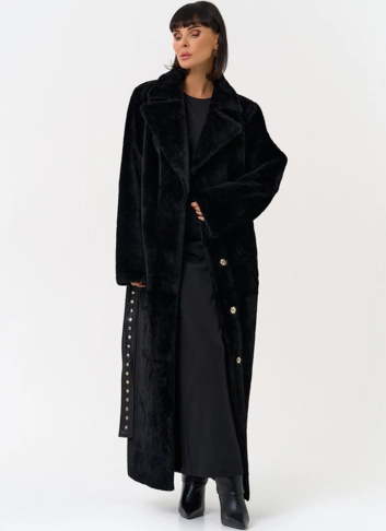 Женская натуральная дубленка с двойным поясом фото