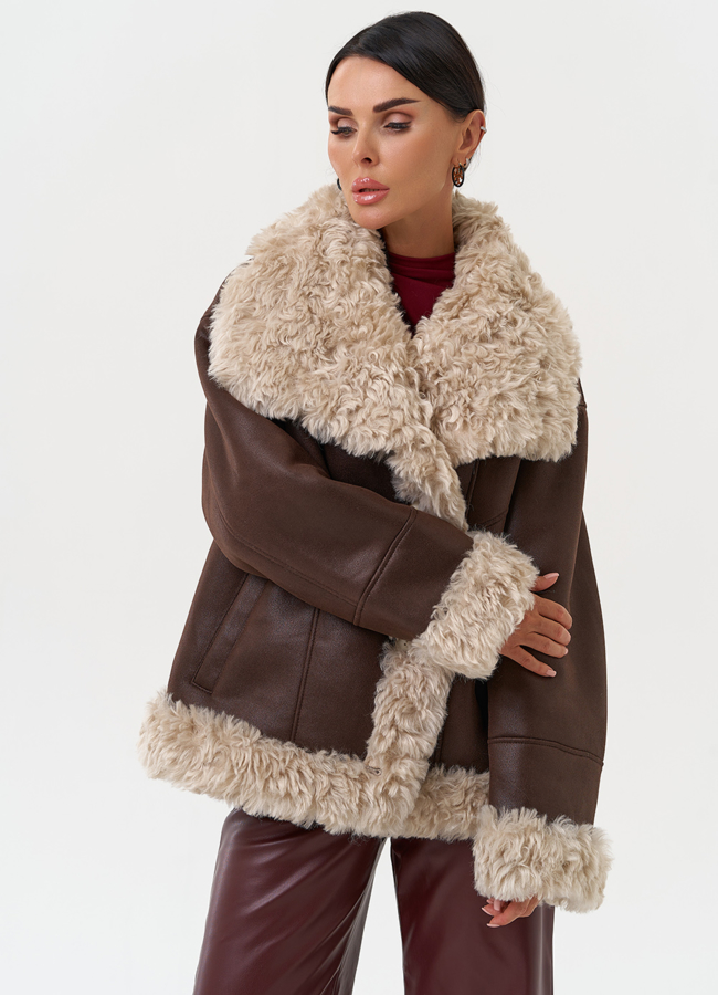 Дубленка из эко замши с высоким воротником модель № 31281 универмаг малина