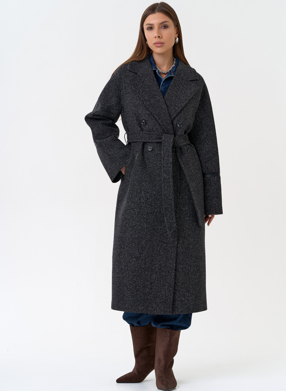 Женское пальто с отделкой из экокожи