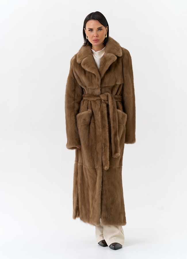 фото Длинная шуба из меха норки с английским воротником модель № 32067