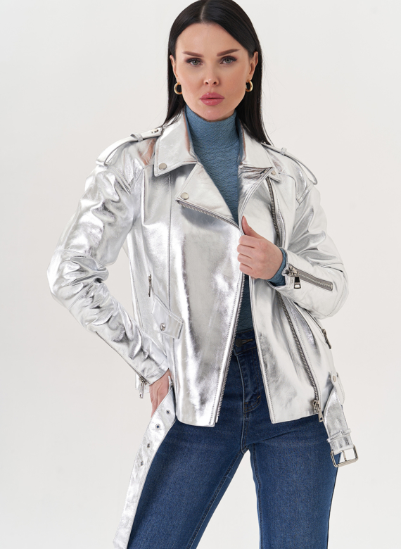 Куртка "косуха" из натуральной кожи под серебро