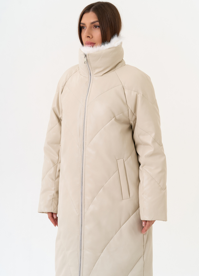 Женский пуховик из эко кожи с отделкой из эко меха модель № 30714 универмаг малина