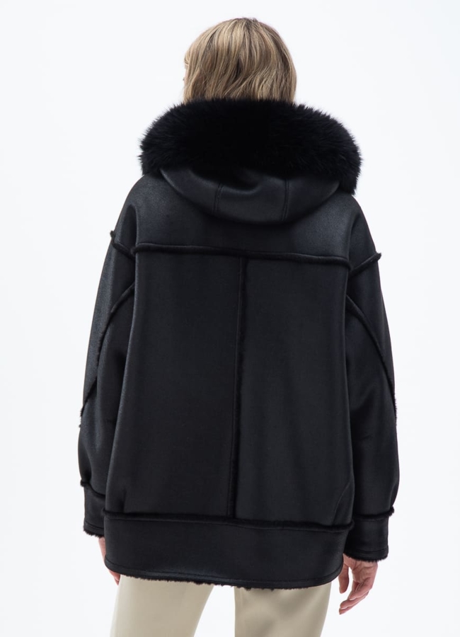 фото Женская дубленка из эко кожи с капюшоном модель № 32020