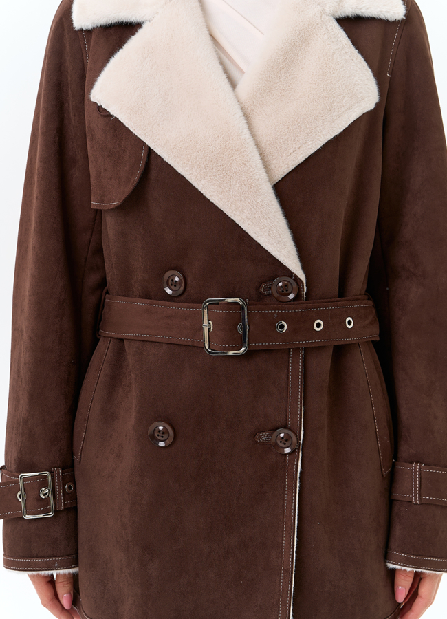 Женская дубленка из эко замши с английским воротником модель № 32786 универмаг малина