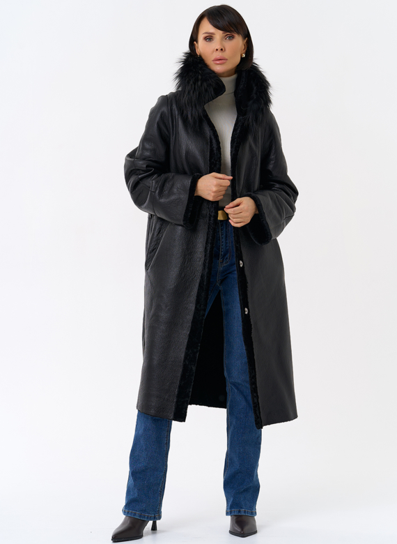 Женская двухстороняя дубленка с воротником из меха чернобурой лисы