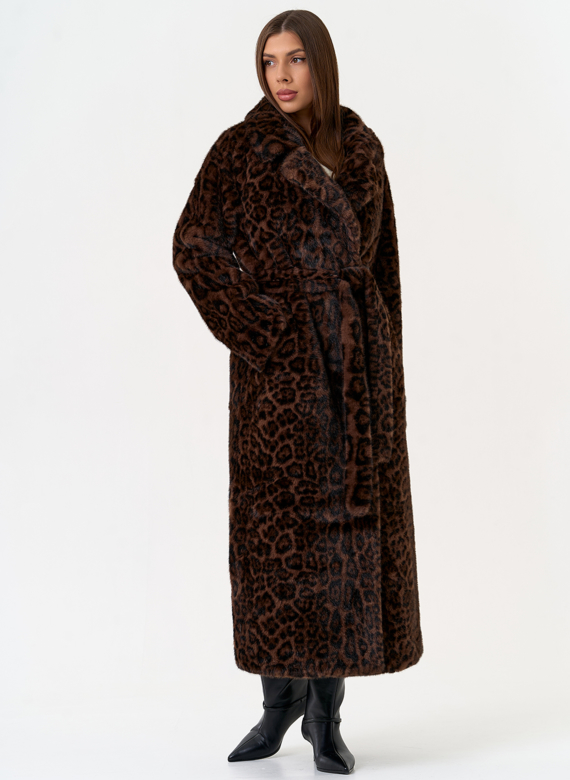 Длинная шуба из эко меха с анималистическим принтом