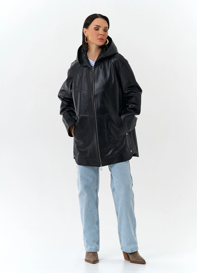 Женская куртка из натуральной кожи с капюшоном модель № 32874 в рассрочку