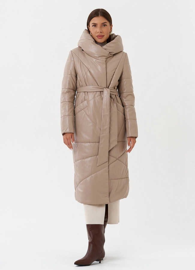 фото Женский пуховик из эко кожи с поясом модель № 28516