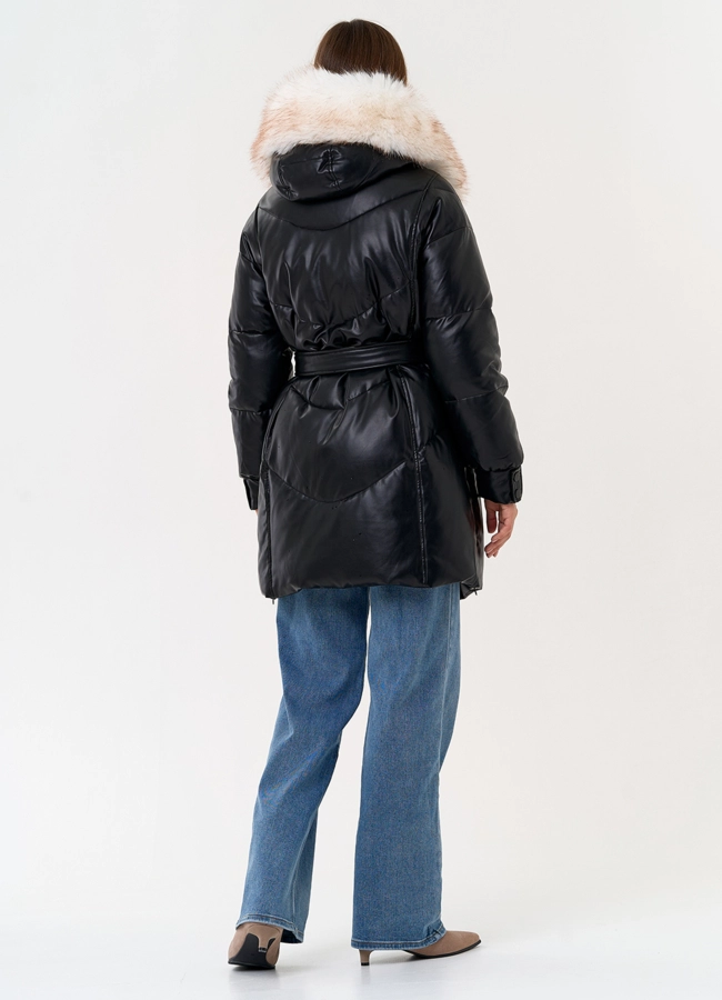 Женский пуховик из эко кожи с отделкой из эко меха модель № 30735 в кредит