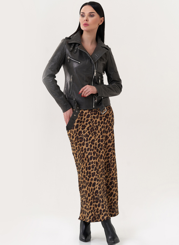 Кожаная куртка "косуха" серого  цвета