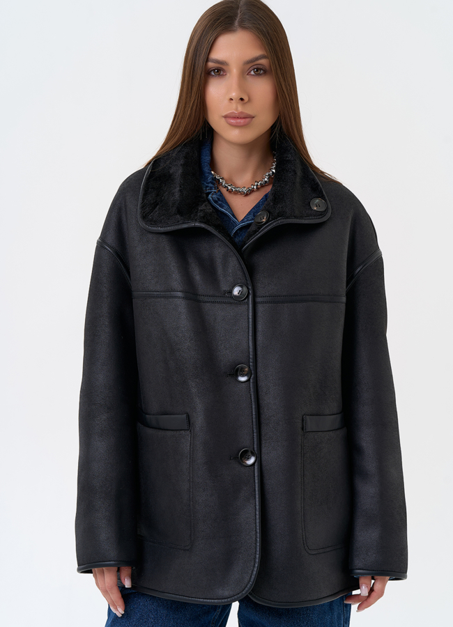 фото Женская двухсторонняя дубленка из эко замши в черном цвете модель № 31286
