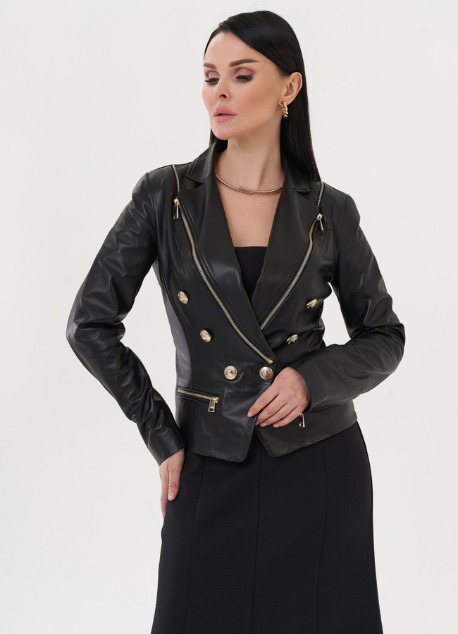 Куртка из натуральной кожи с акцентными пуговицами модель № 27134 меха малина