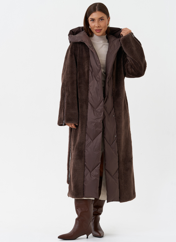 Комбинированное пальто на утеплении с капюшоном