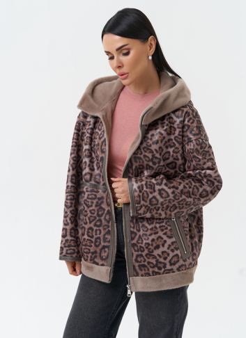 Женская дубленка из эко замши с капюшоном