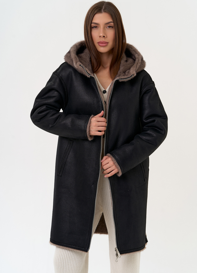 Женская двухсторонняя дубленка из эко замши с капюшоном модель № 31434 универмаг малина