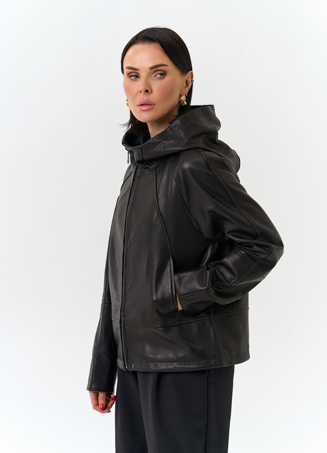 фото Женская куртка из натуральной кожи с капюшоном модель № 32679