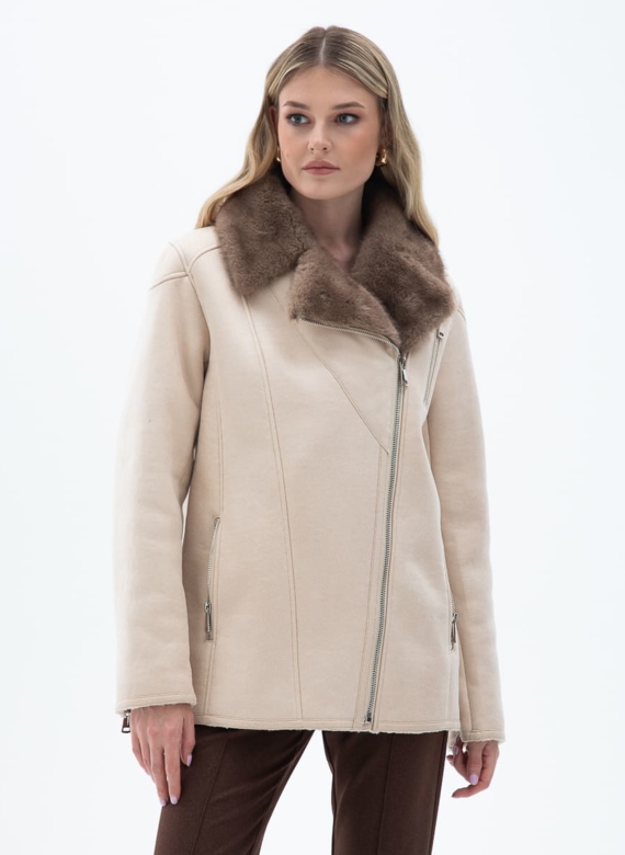 Женская дубленка из эко кожи с отделкой из эко меха