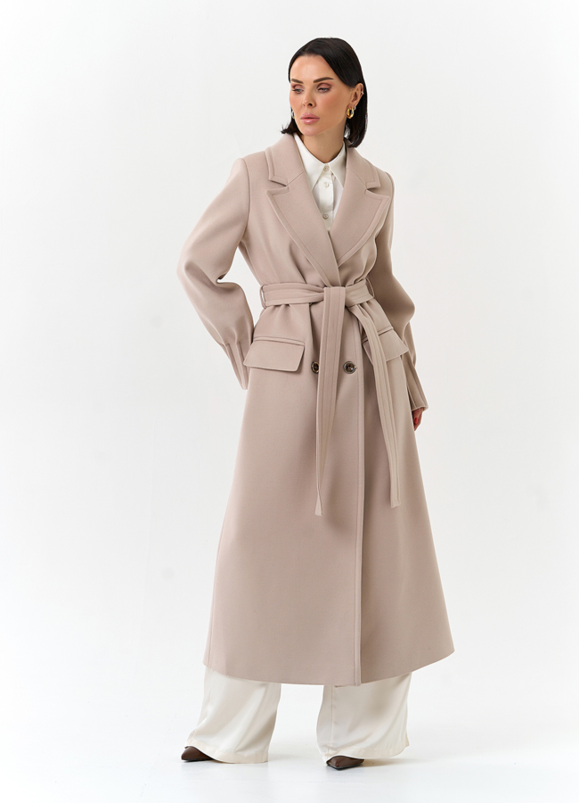 Женское светлое пальто с поясом модель № 32645 в кредит